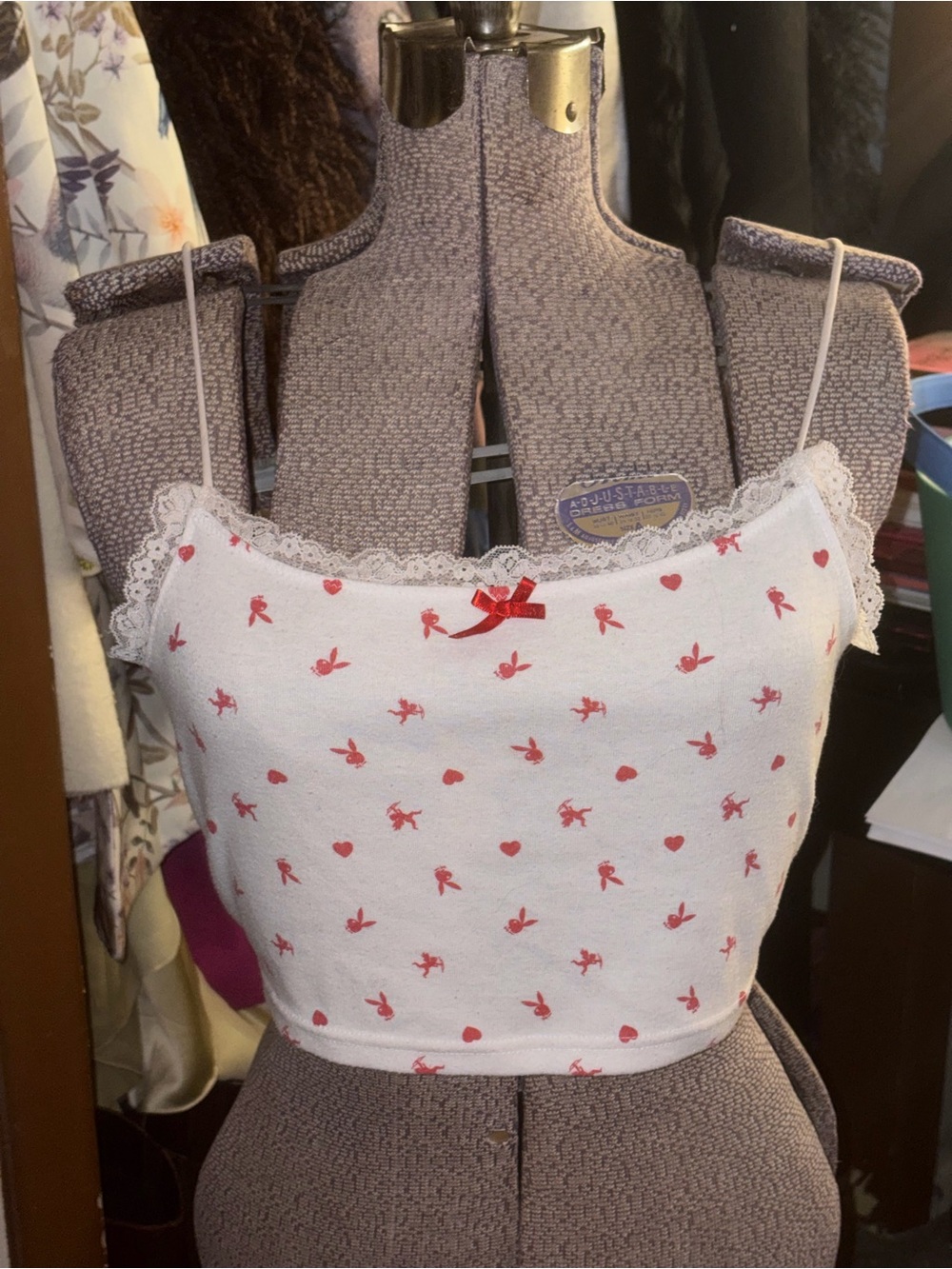 PLAYBOY White Lace-Trim Cropped Cami with Red Heart Details and Cupid